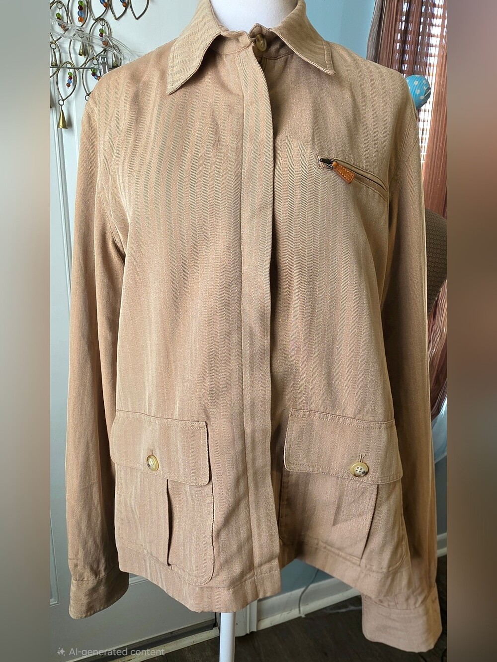 Vintg Lauren Ralph Lauren Military Flight Utiliy Jacket Womens L Tan Silk-Cotton - Picture 2 of 13